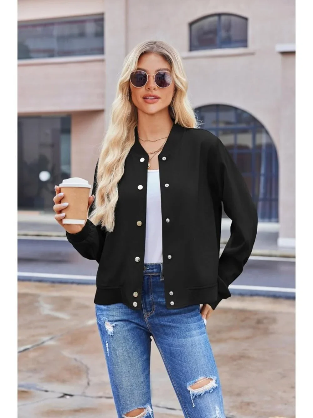Women's Varsity Casual Button Down Spring Short Outfits with Pockets Solid Black